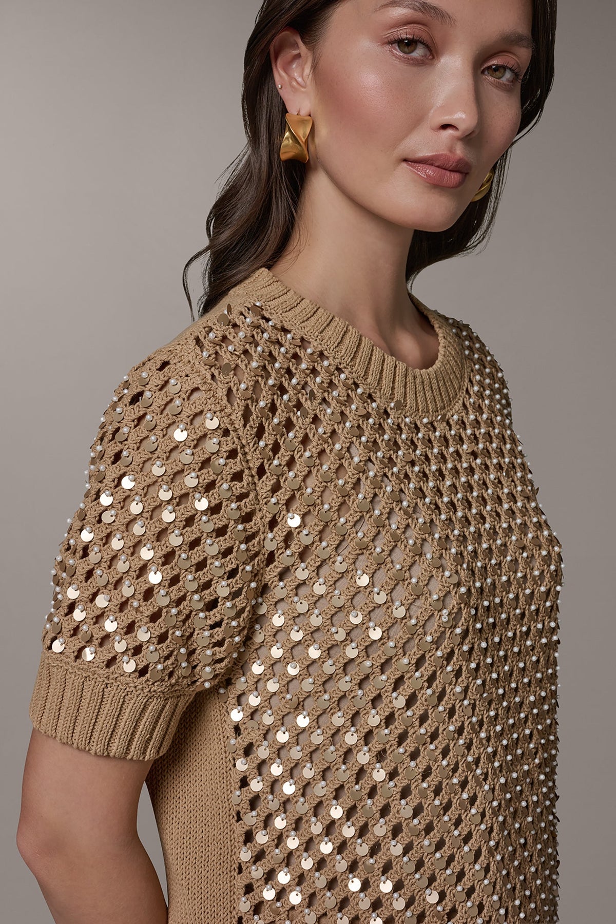 Donna Karan SHORT SLEEVE PEARL SEQUIN SWEATER