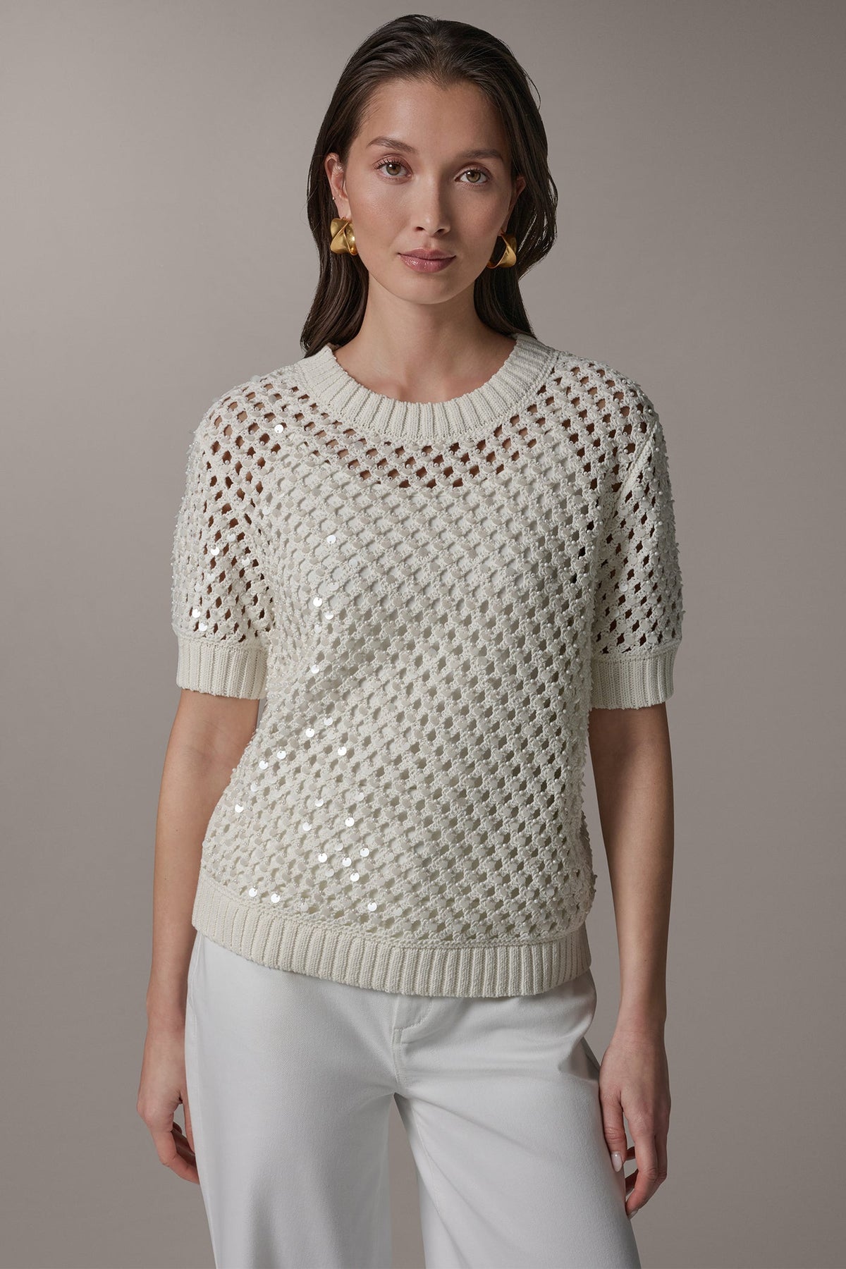 Donna Karan SHORT SLEEVE PEARL SEQUIN SWEATER