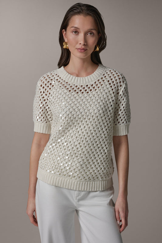Donna Karan SHORT SLEEVE PEARL SEQUIN SWEATER