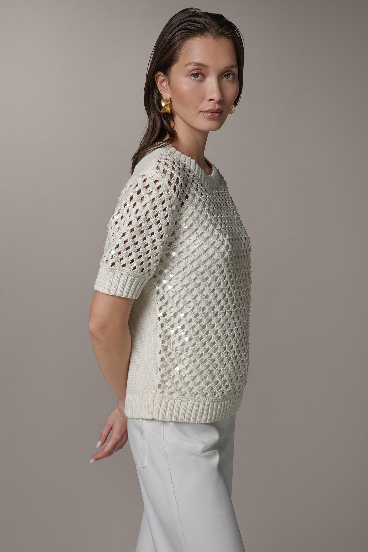 Donna Karan SHORT SLEEVE PEARL SEQUIN SWEATER