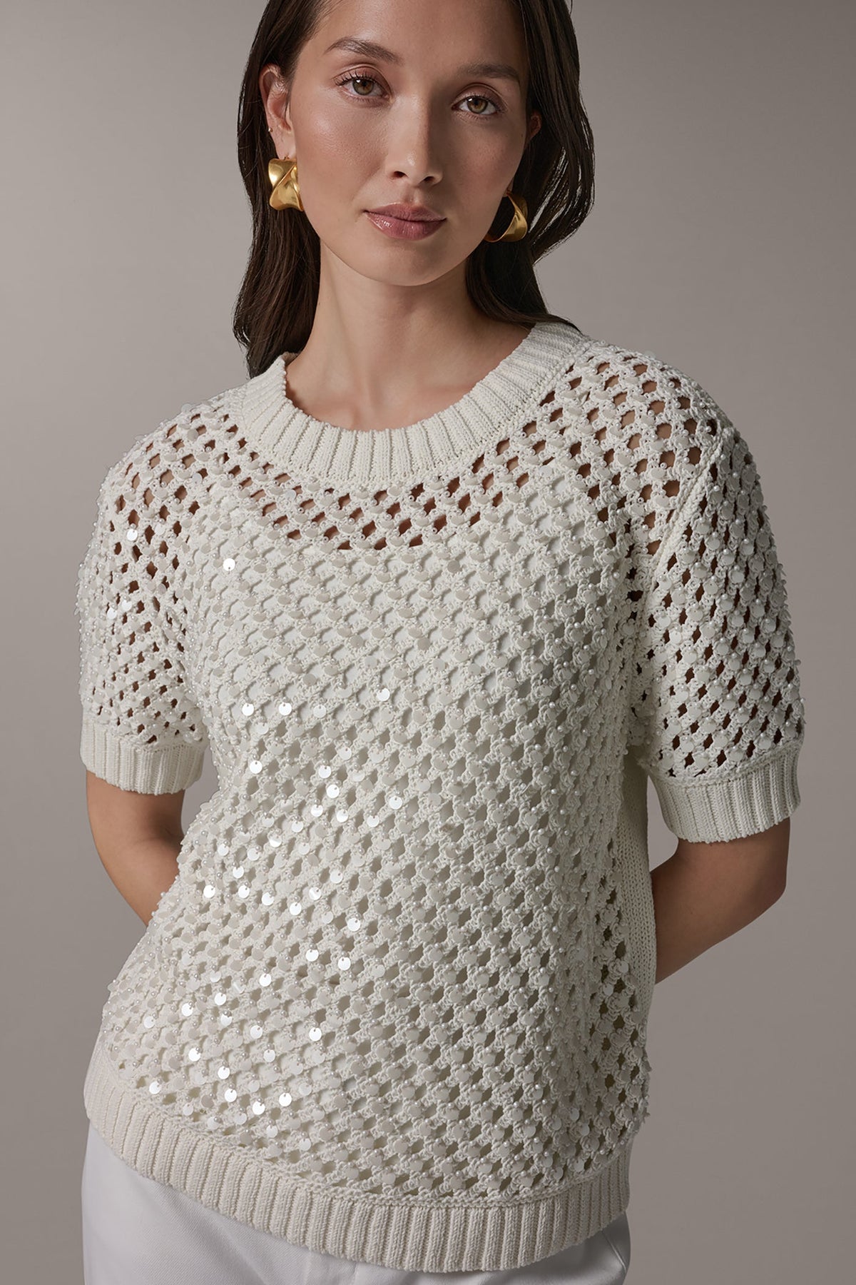 Donna Karan SHORT SLEEVE PEARL SEQUIN SWEATER