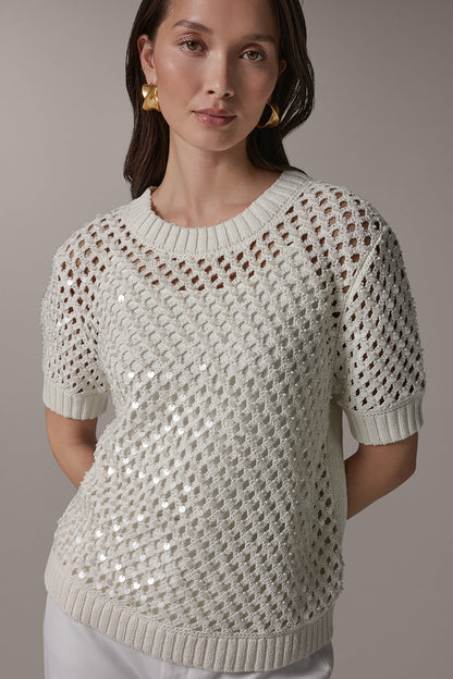 Donna Karan SHORT SLEEVE PEARL SEQUIN SWEATER