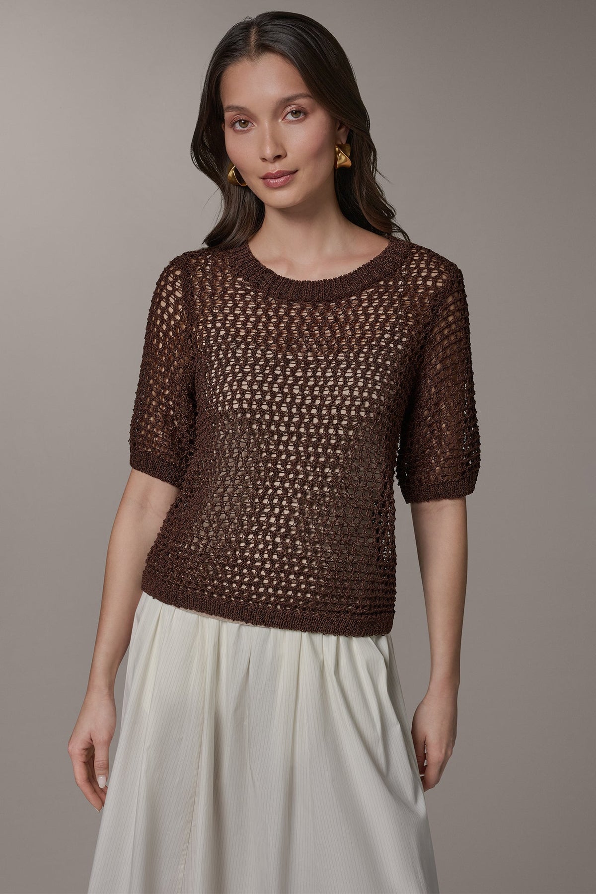 Donna Karan SHORT SLEEVE OPEN STITCH SWEATER