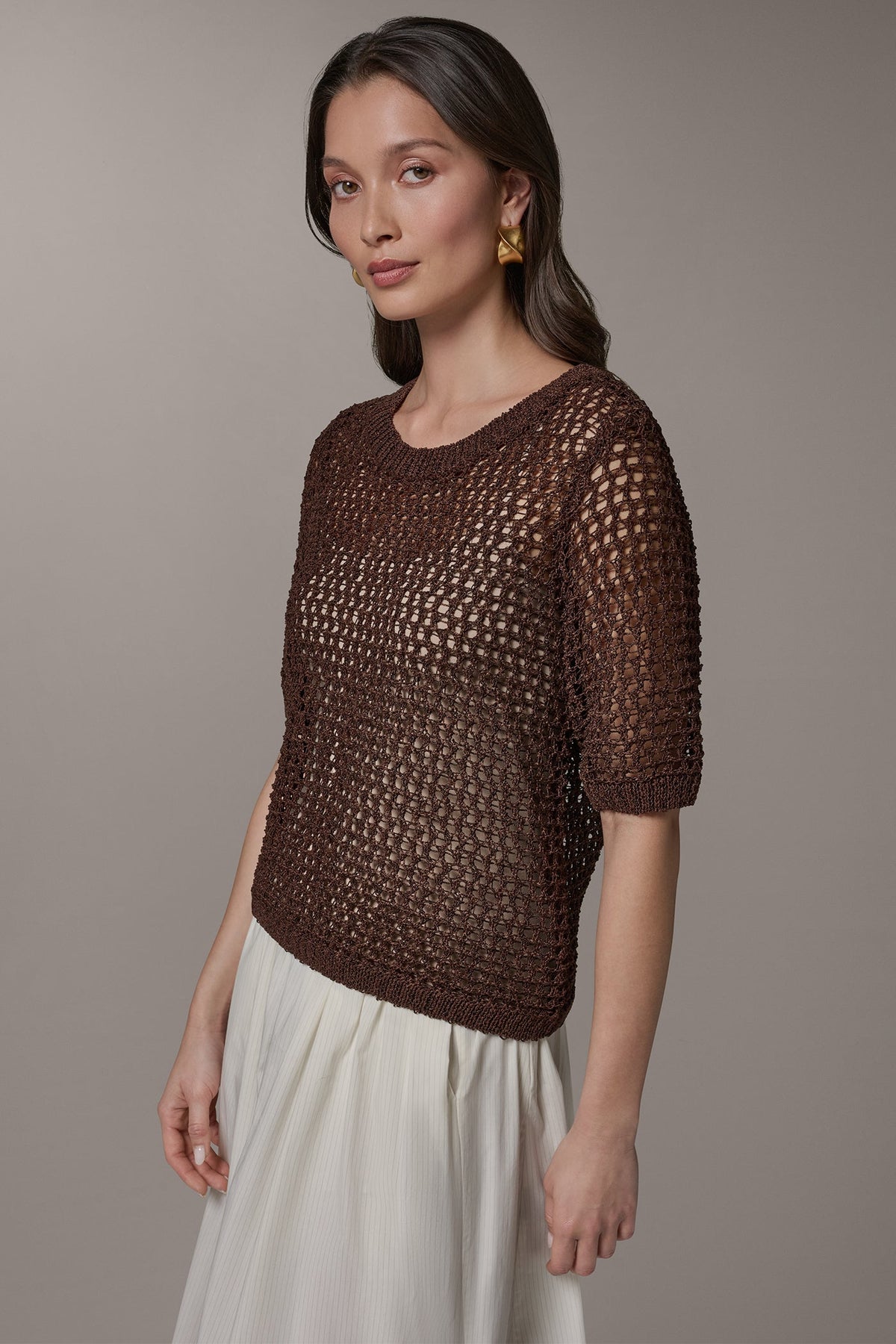 Donna Karan SHORT SLEEVE OPEN STITCH SWEATER