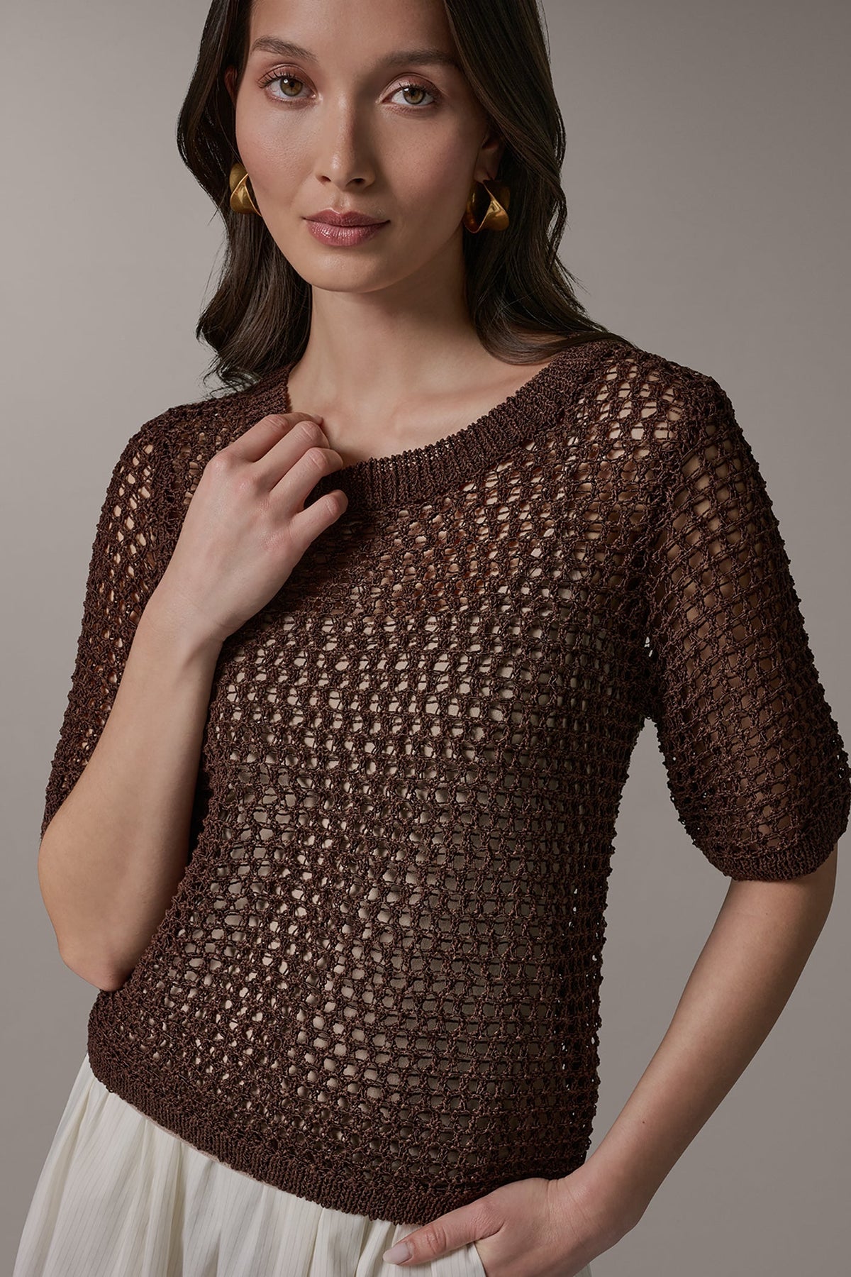 Donna Karan SHORT SLEEVE OPEN STITCH SWEATER