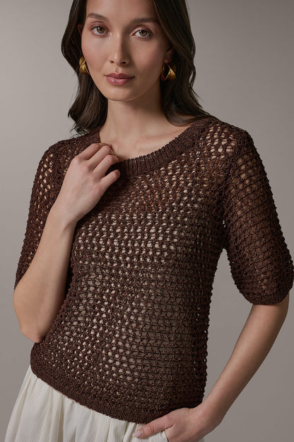Donna Karan SHORT SLEEVE OPEN STITCH SWEATER