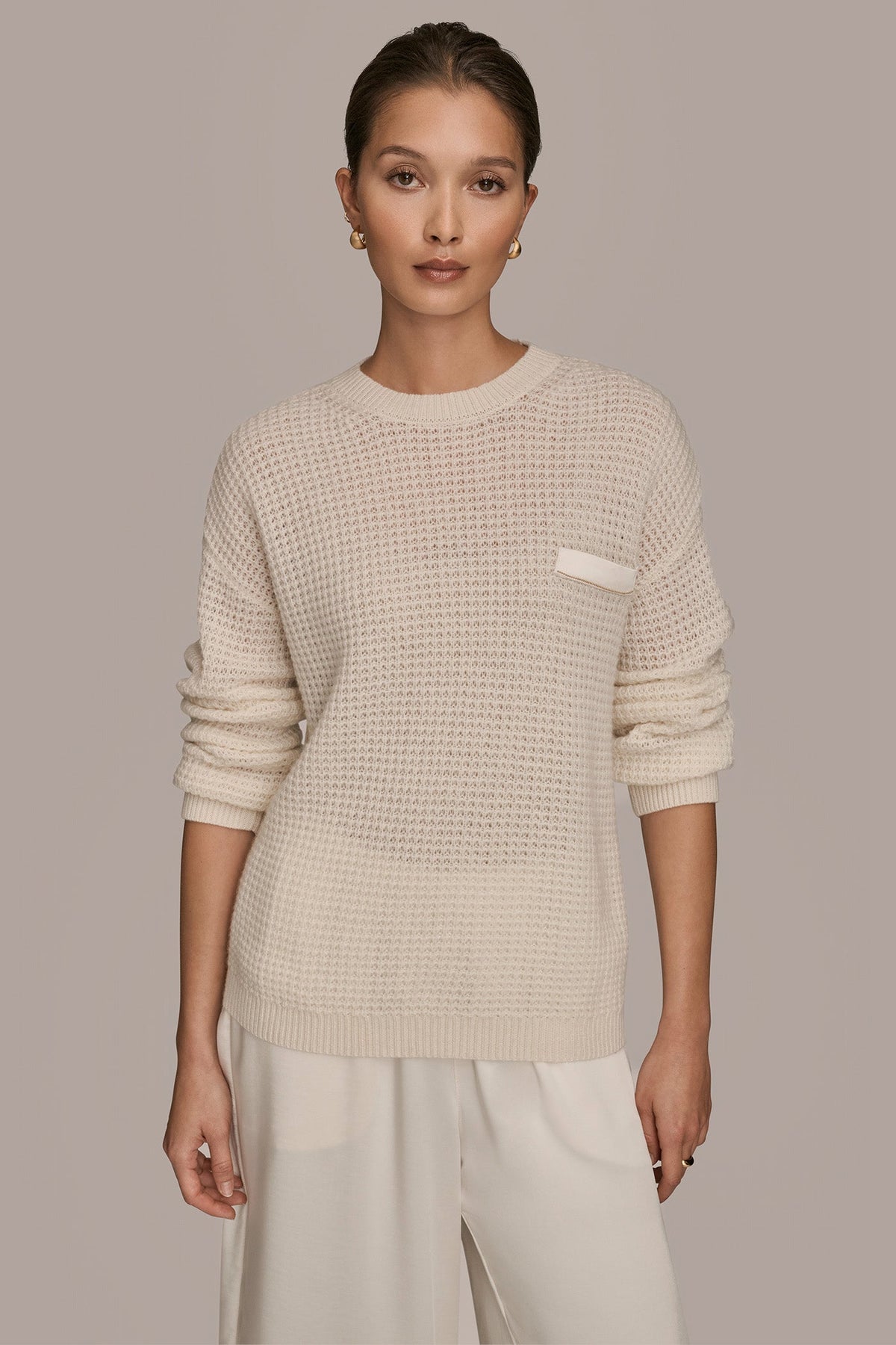 Donna Karan WOOL AND CASHMERE-BLEND POCKET SWEATER