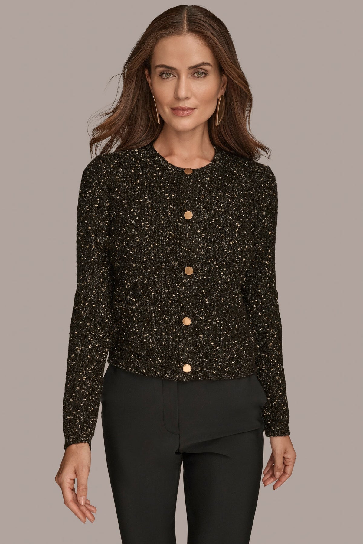 Donna Karan LONG SLEEVE METALLIC SPECKLED CARDIGAN