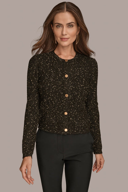 Donna Karan LONG SLEEVE METALLIC SPECKLED CARDIGAN