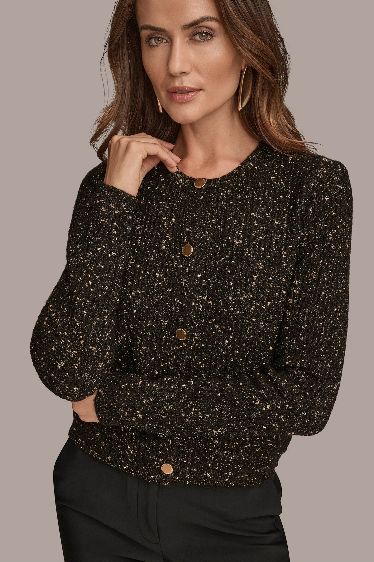Donna Karan LONG SLEEVE METALLIC SPECKLED CARDIGAN