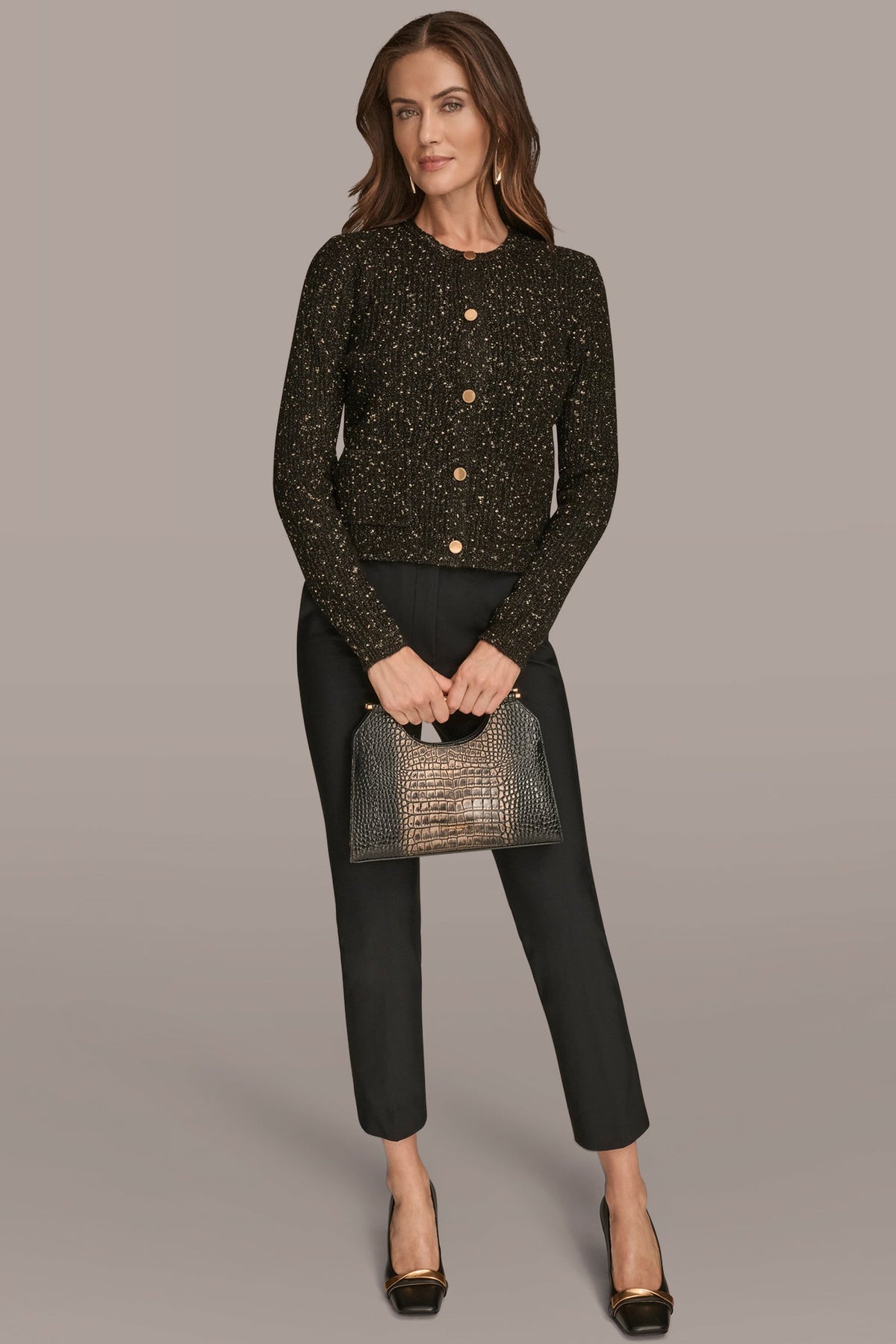 Donna Karan LONG SLEEVE METALLIC SPECKLED CARDIGAN