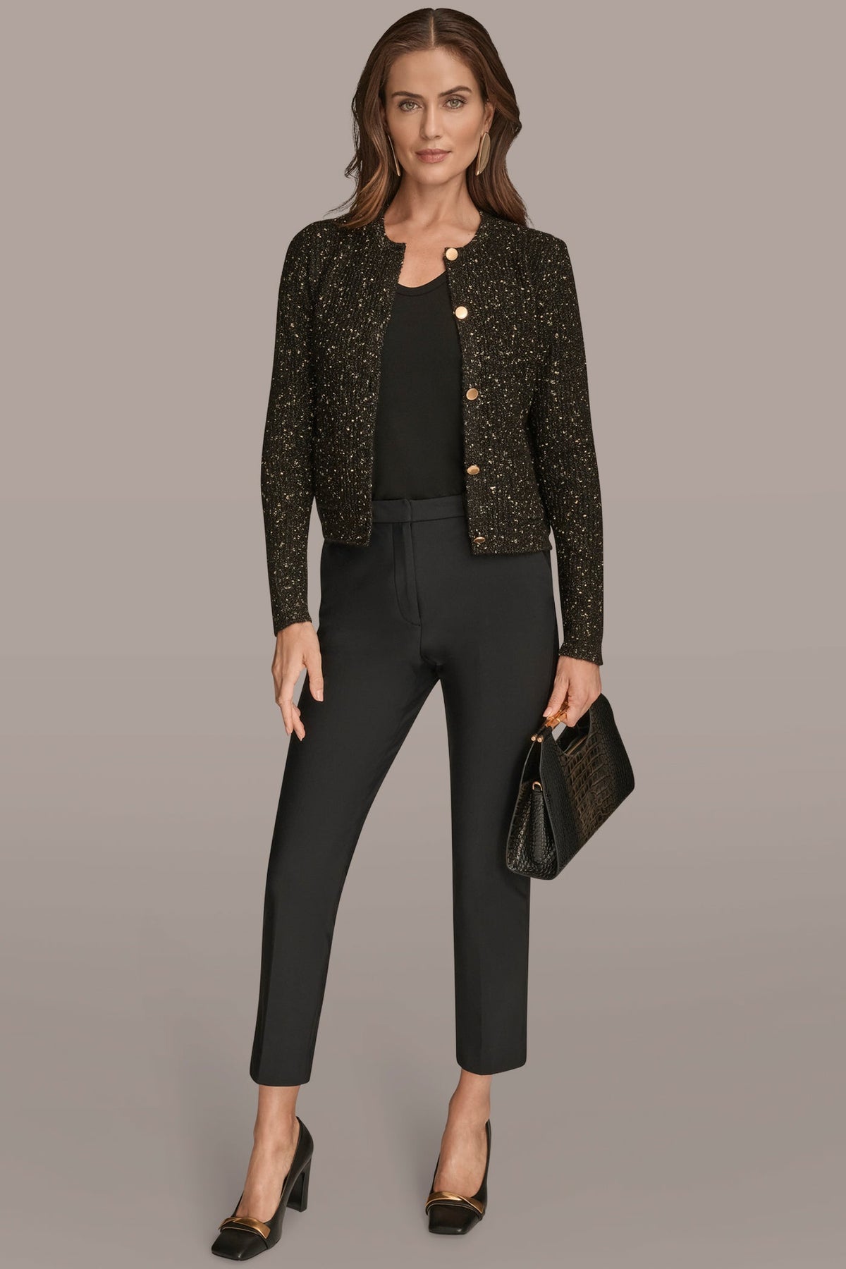 Donna Karan LONG SLEEVE METALLIC SPECKLED CARDIGAN