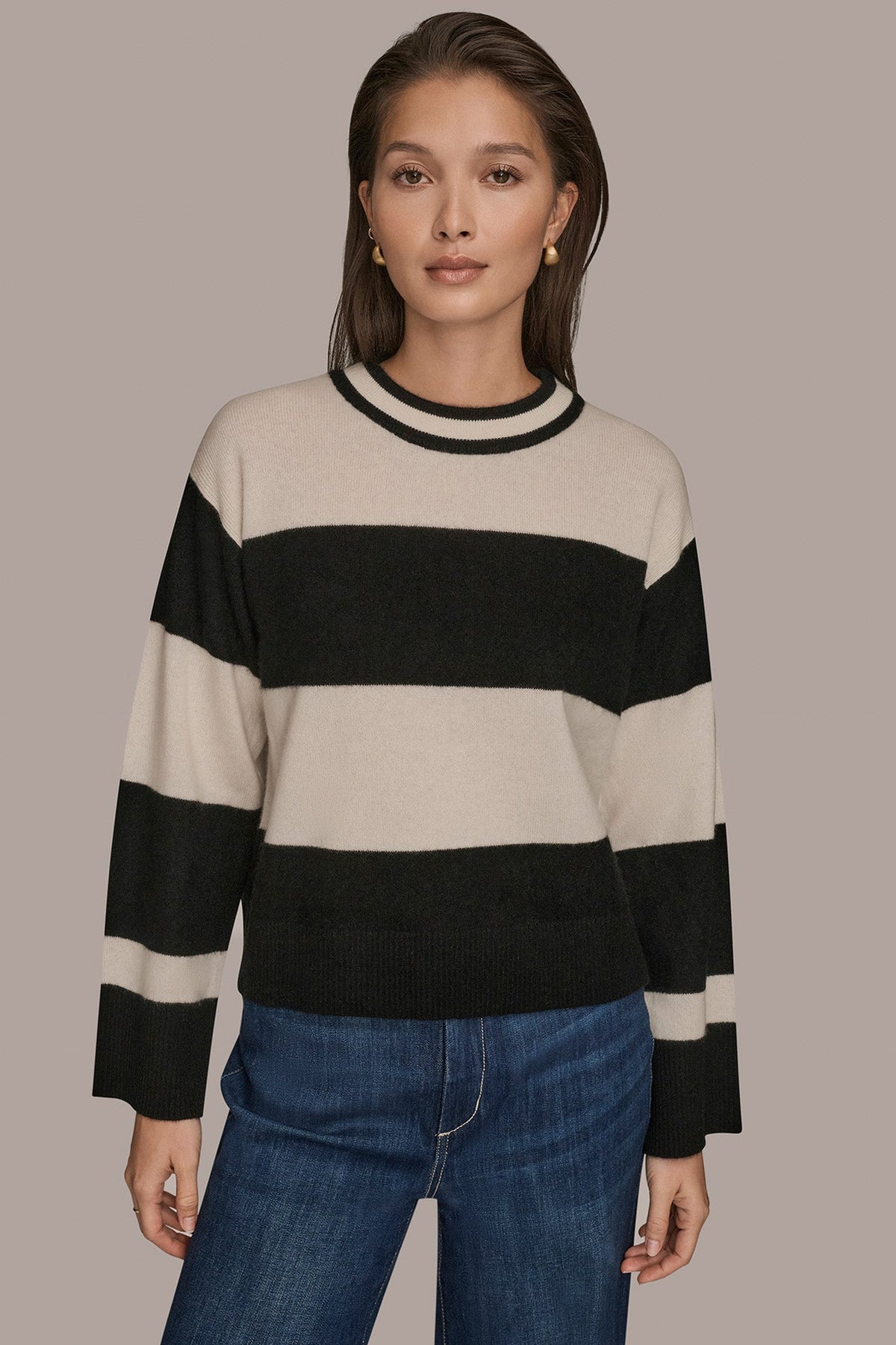 Donna Karan STRIPED CREWNECK BOXY SWEATER