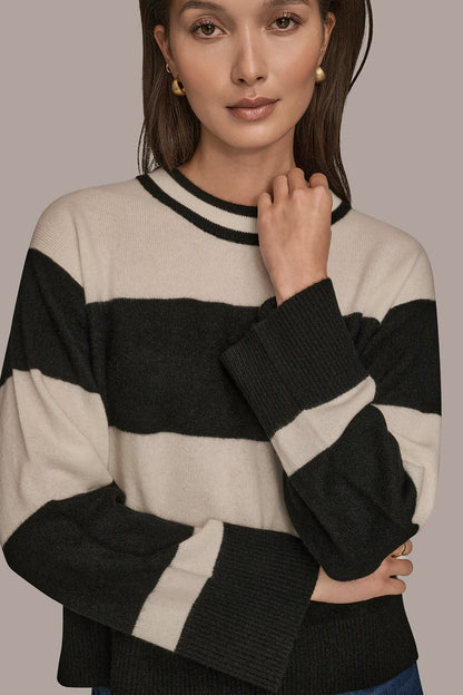 Donna Karan STRIPED CREWNECK BOXY SWEATER