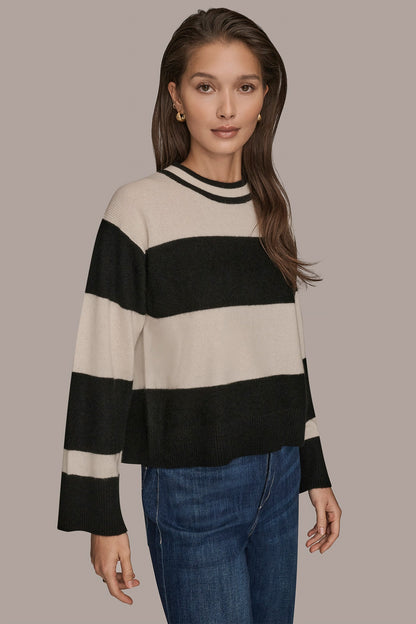 Donna Karan STRIPED CREWNECK BOXY SWEATER