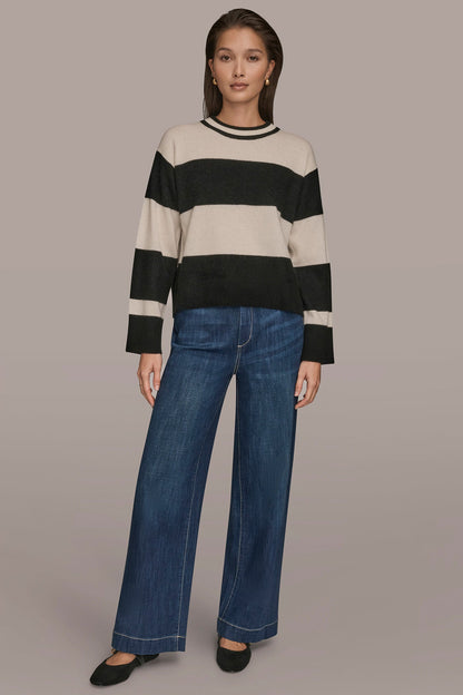 Donna Karan STRIPED CREWNECK BOXY SWEATER