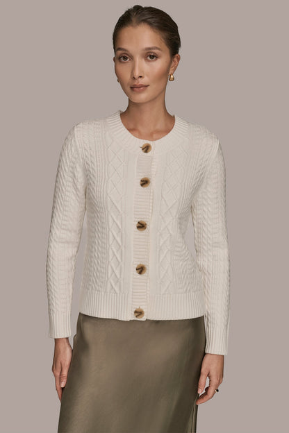 Donna Karan CABLE-KNIT LONG SLEEVE CARDIGAN