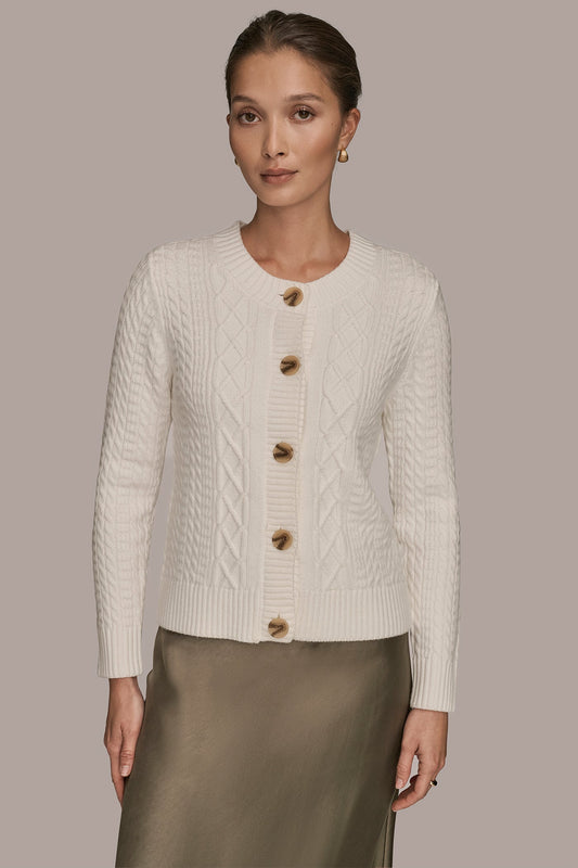 Donna Karan CABLE-KNIT LONG SLEEVE CARDIGAN