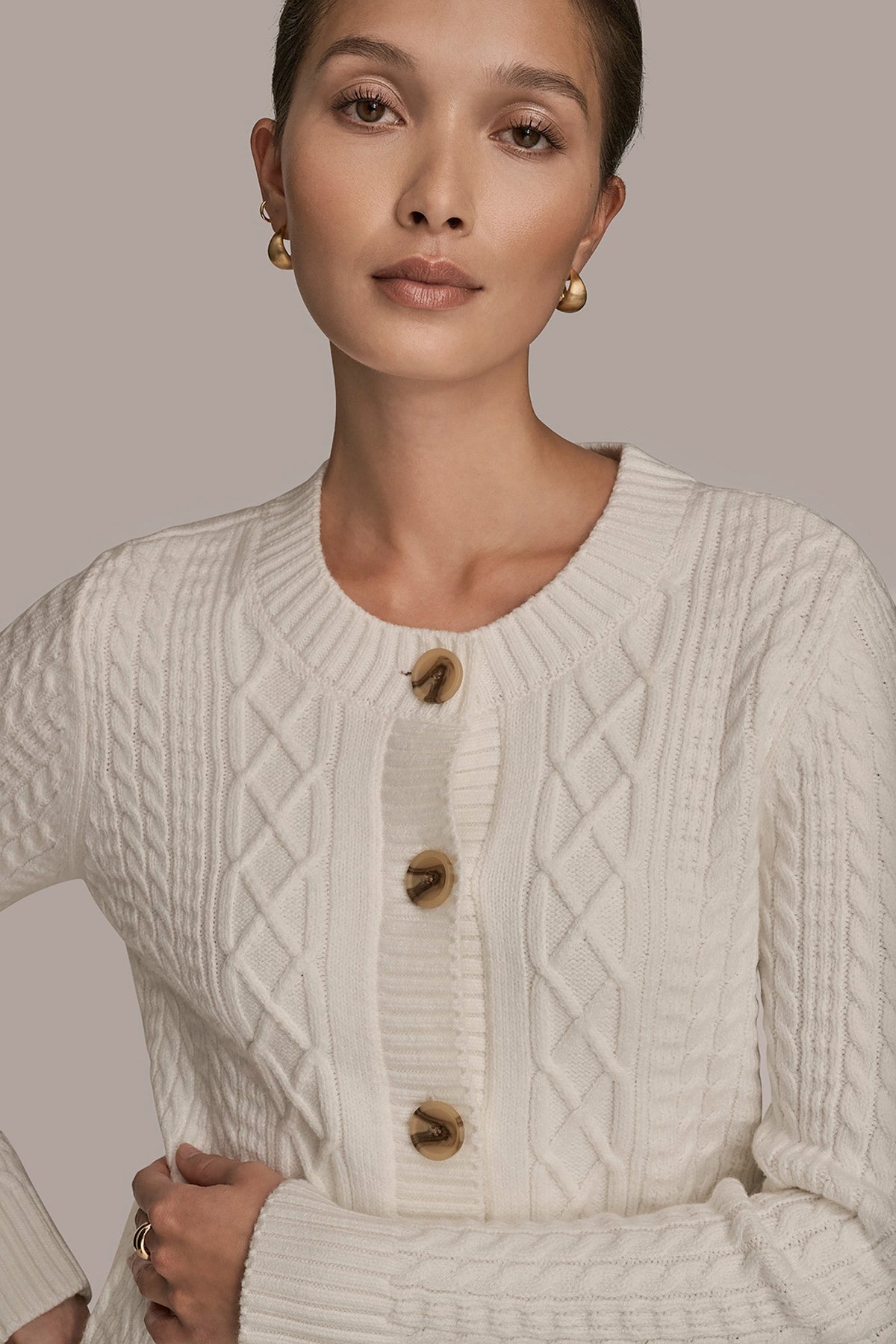 Donna Karan CABLE-KNIT LONG SLEEVE CARDIGAN