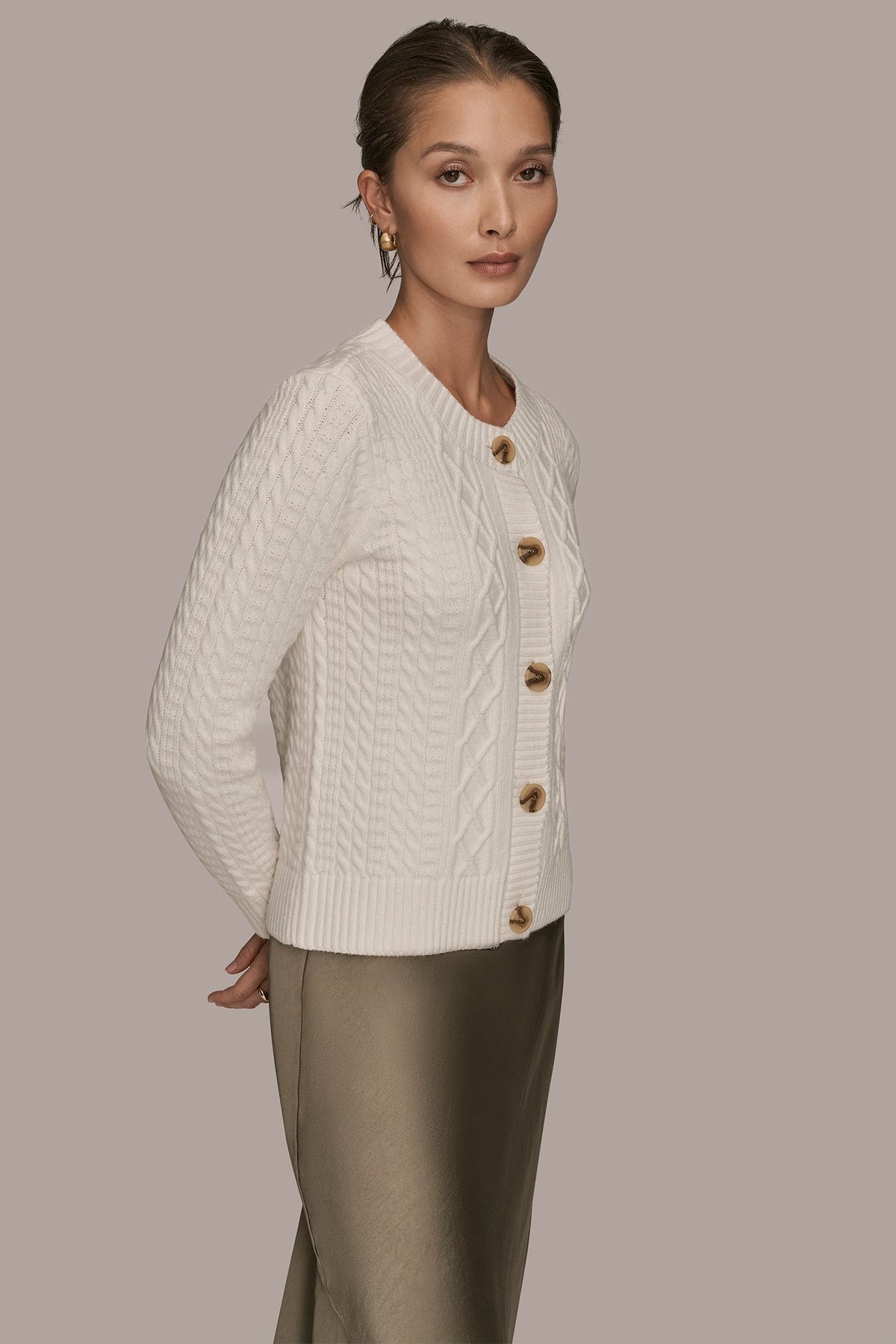 Donna Karan CABLE-KNIT LONG SLEEVE CARDIGAN