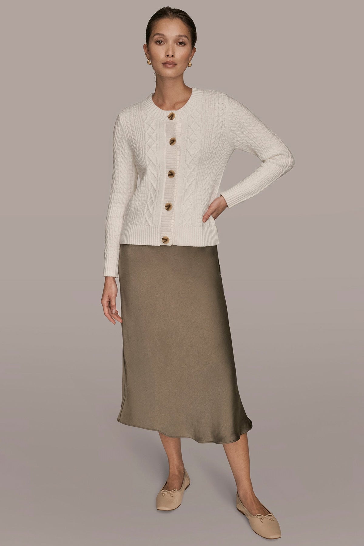 Donna Karan CABLE-KNIT LONG SLEEVE CARDIGAN