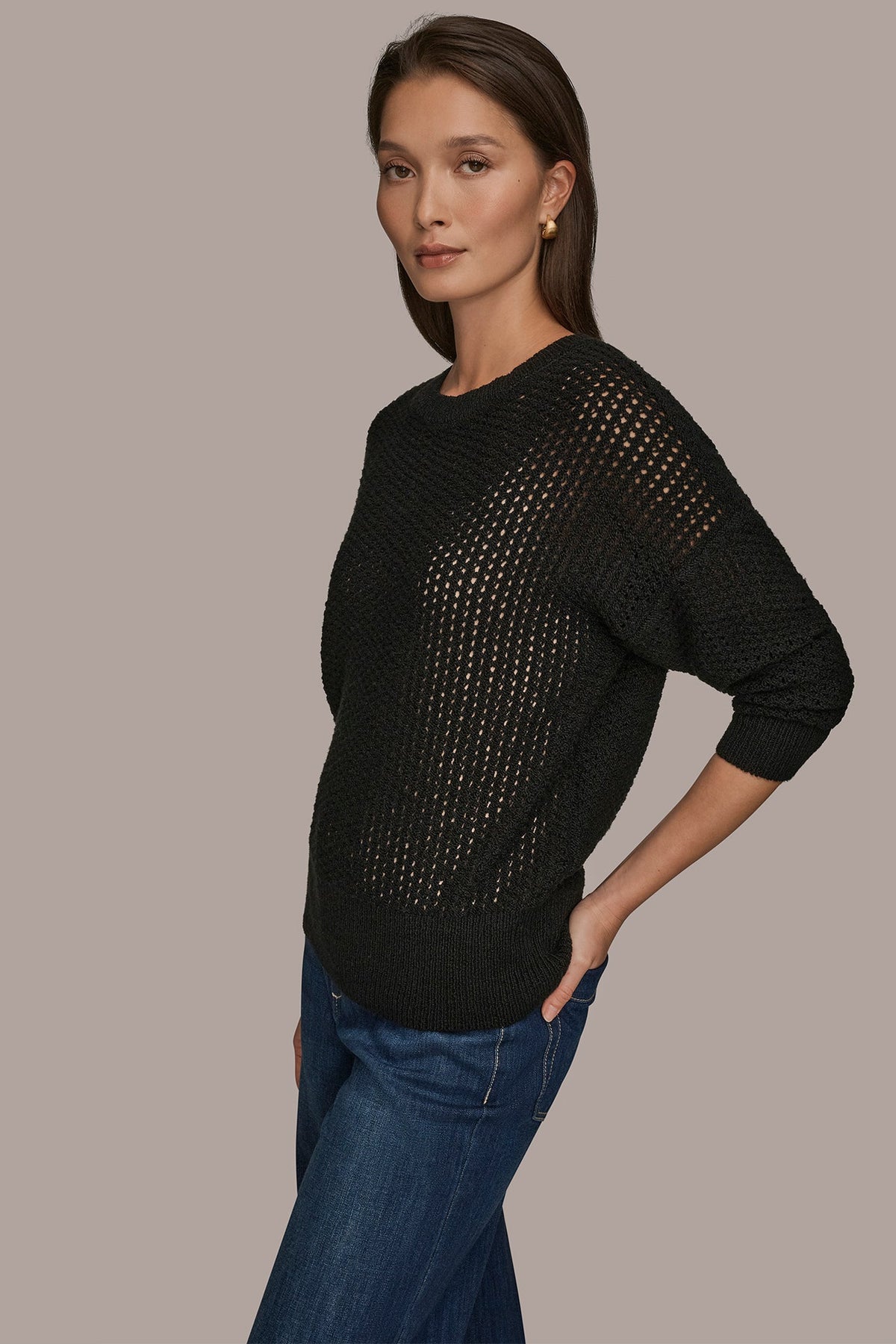Donna Karan LONG SLEEVE OPEN STITCH SWEATER