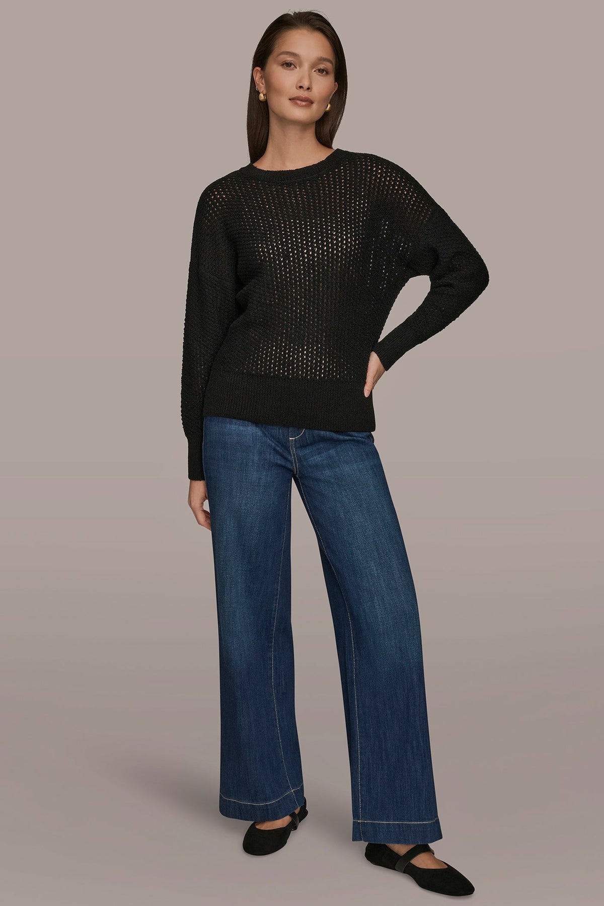 Donna Karan LONG SLEEVE OPEN STITCH SWEATER