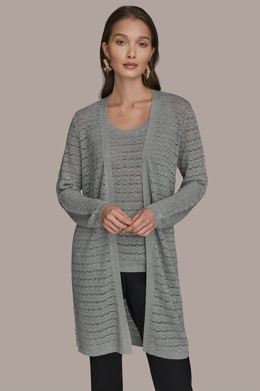 Donna Karan METALLIC POINTELLE LONG OPEN CARDIGAN