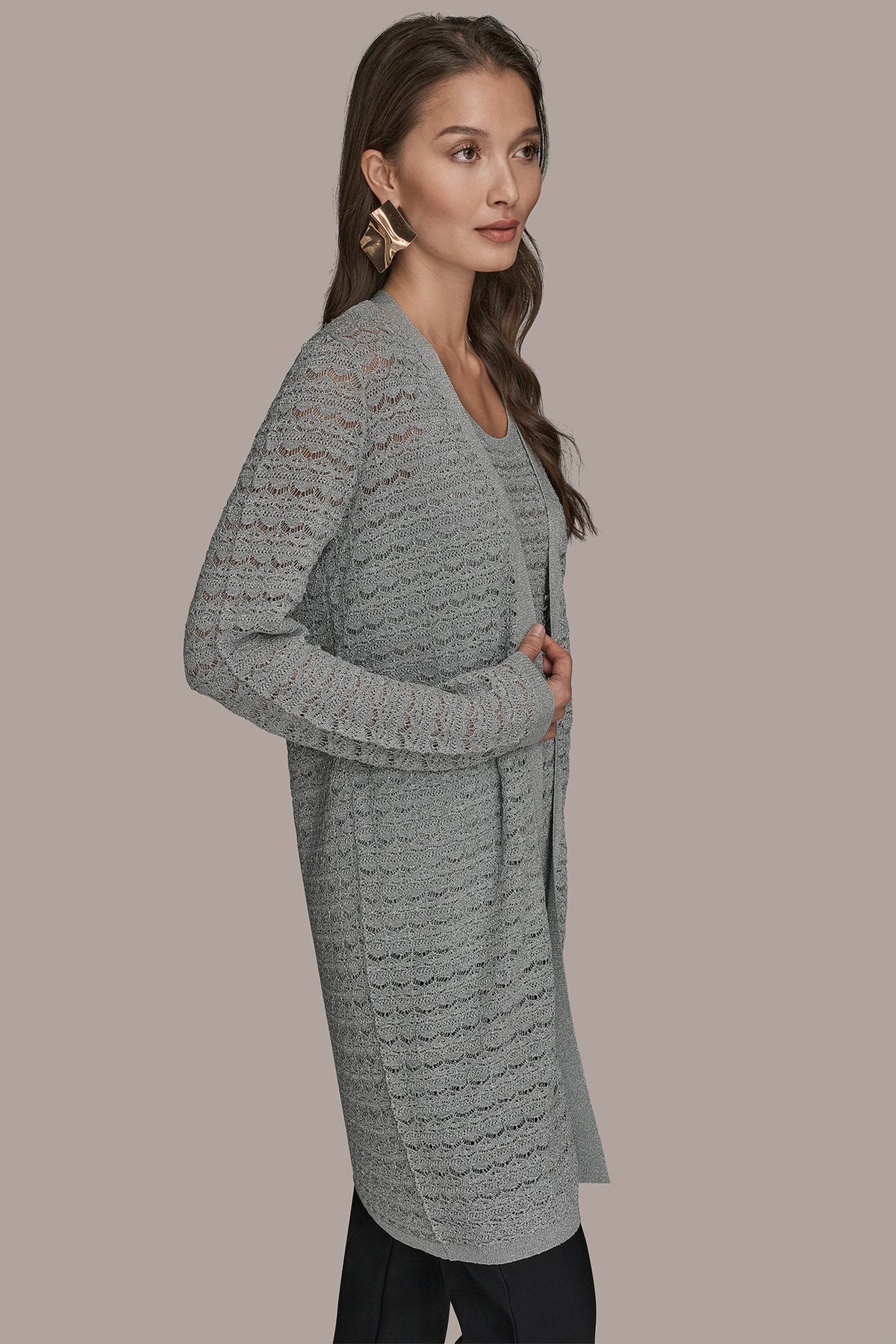 Donna Karan METALLIC POINTELLE LONG OPEN CARDIGAN