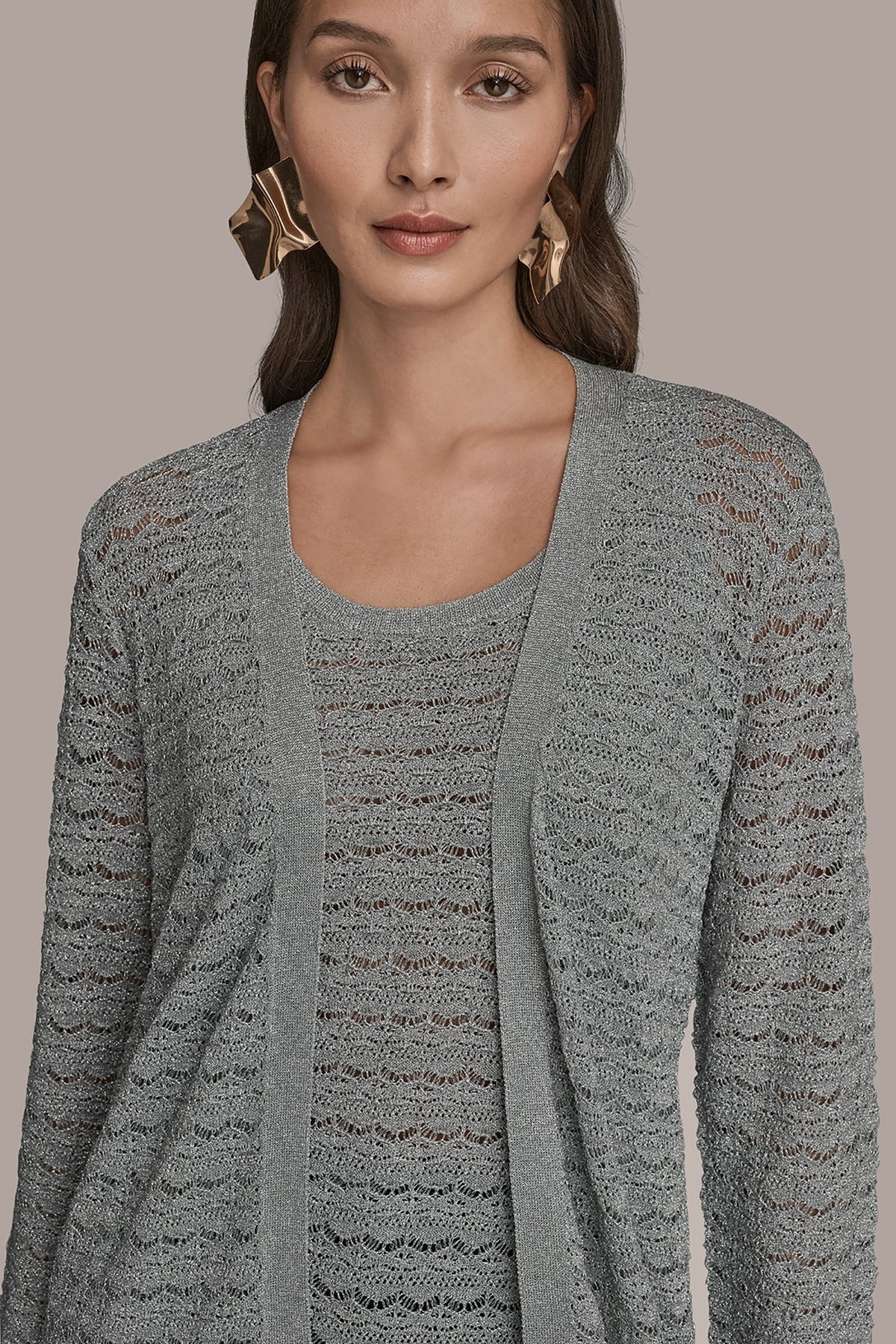 Donna Karan METALLIC POINTELLE LONG OPEN CARDIGAN