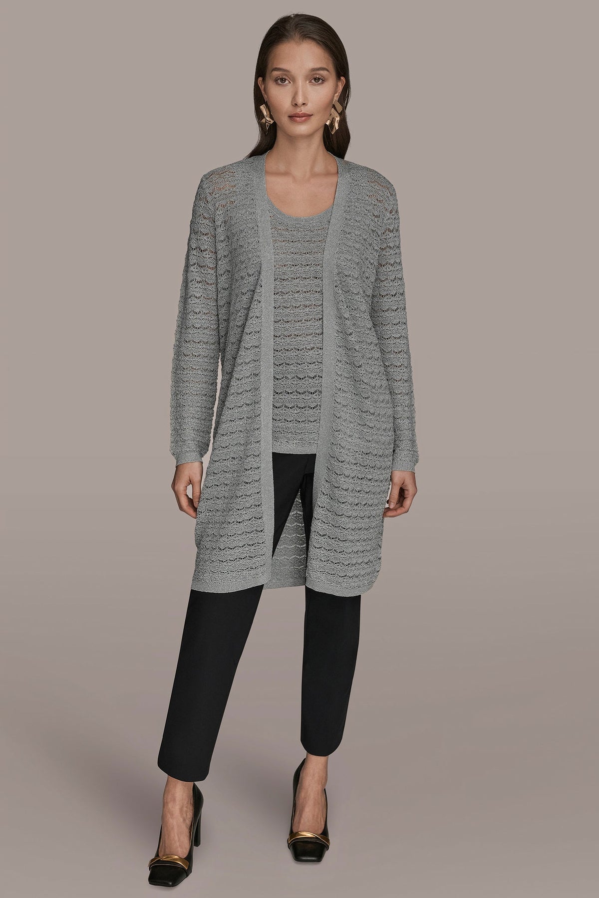Donna Karan METALLIC POINTELLE LONG OPEN CARDIGAN
