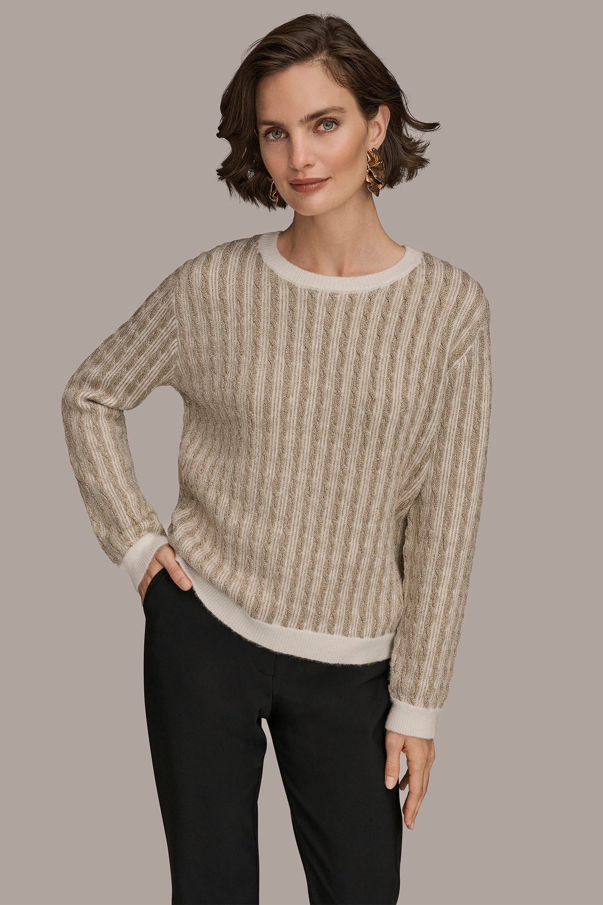 Donna Karan METALLIC TWO-TONE CABLE-KNIT SWEATER
