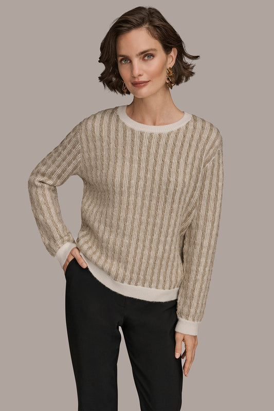 Donna Karan METALLIC TWO-TONE CABLE-KNIT SWEATER