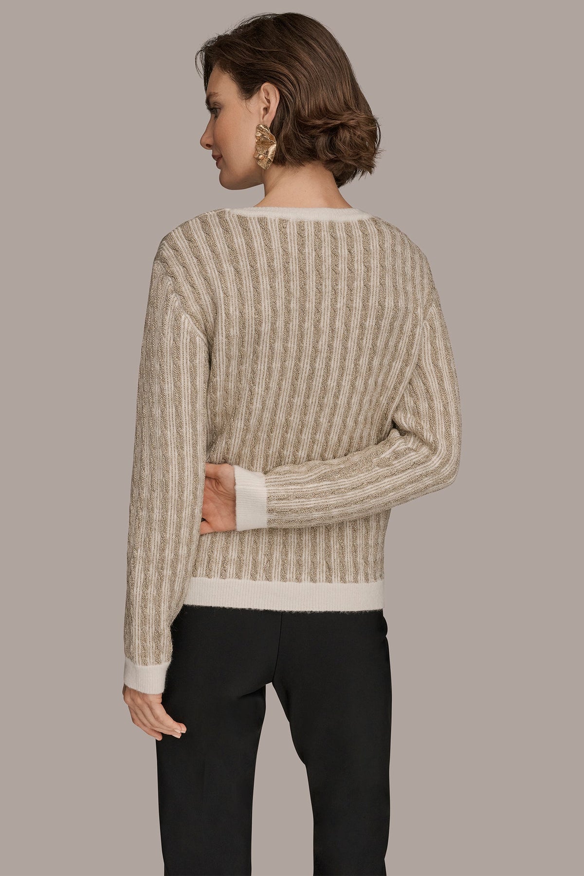 Donna Karan METALLIC TWO-TONE CABLE-KNIT SWEATER