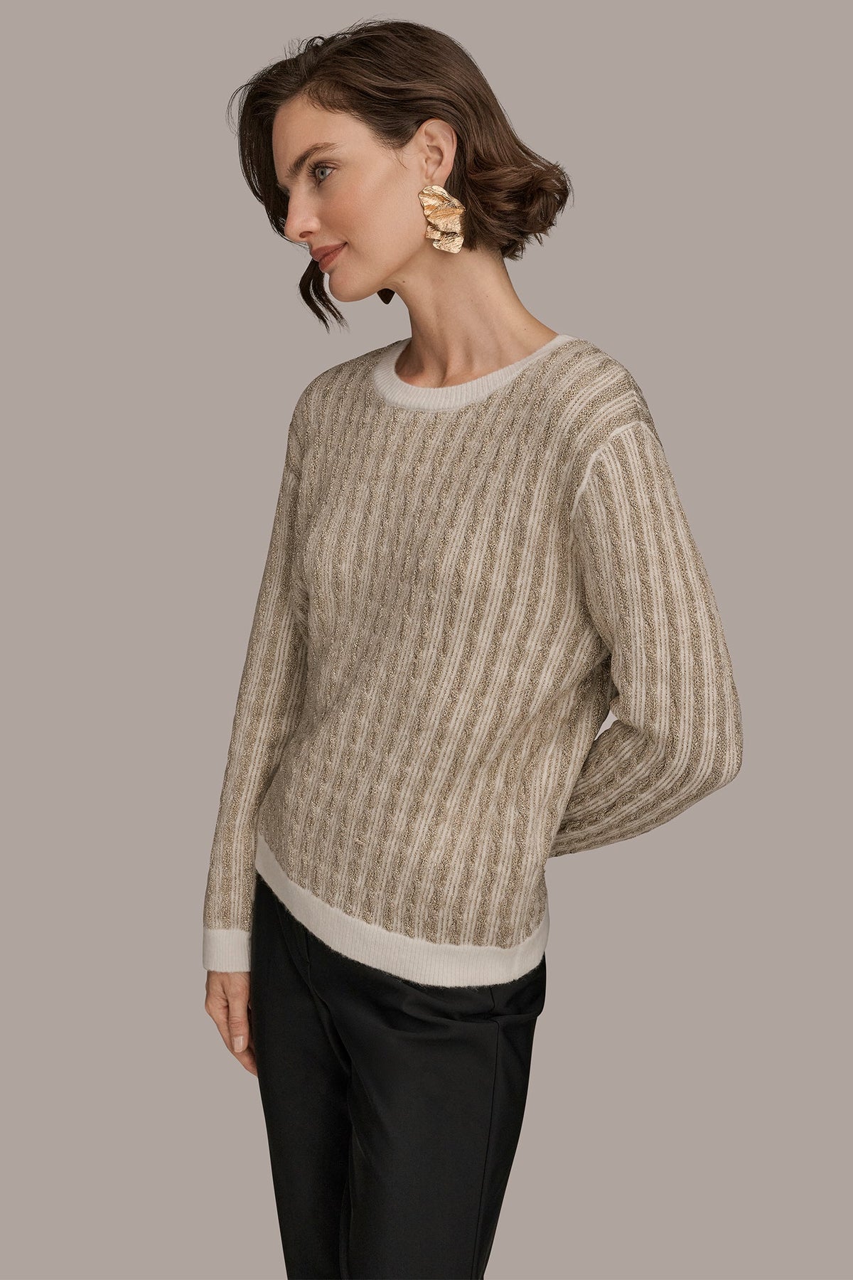 Donna Karan METALLIC TWO-TONE CABLE-KNIT SWEATER