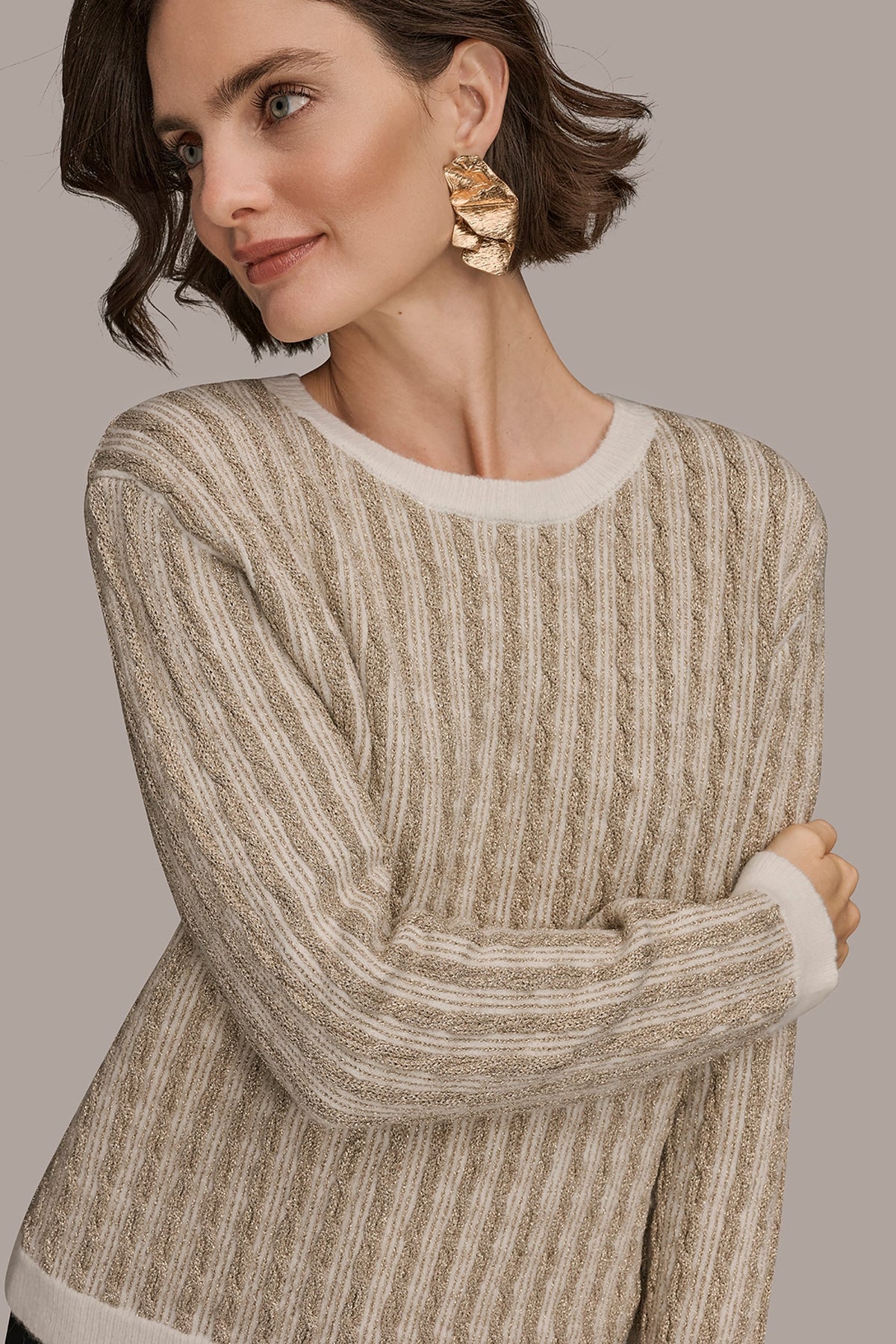 Donna Karan METALLIC TWO-TONE CABLE-KNIT SWEATER