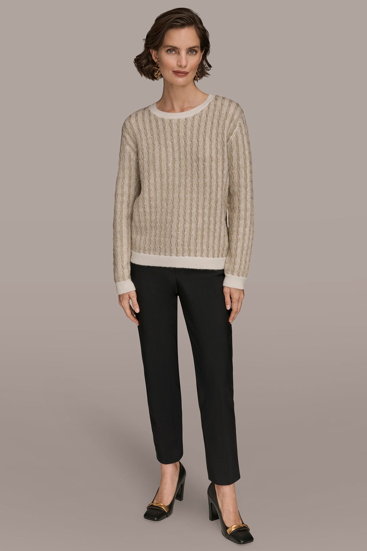 Donna Karan METALLIC TWO-TONE CABLE-KNIT SWEATER