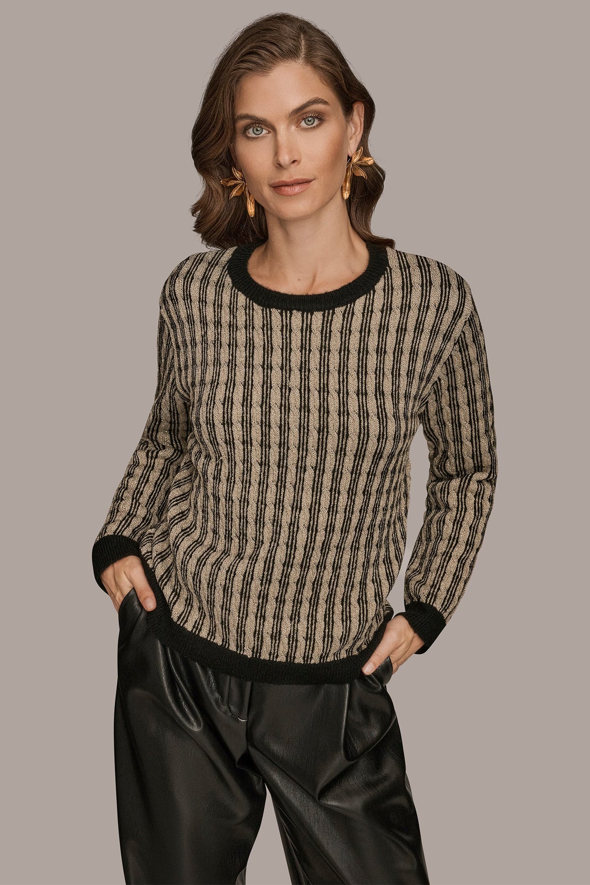 Donna Karan METALLIC TWO-TONE CABLE-KNIT SWEATER
