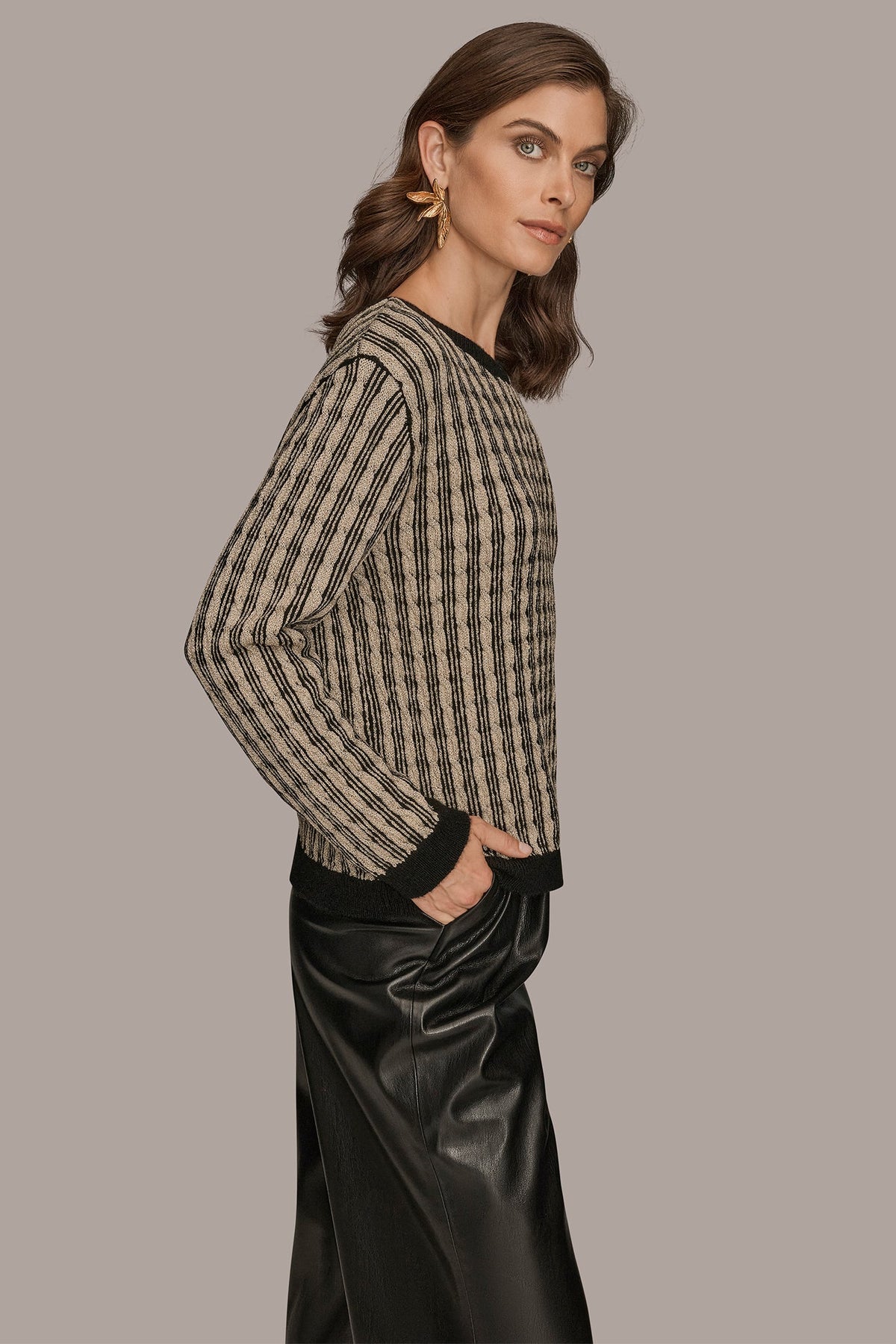 Donna Karan METALLIC TWO-TONE CABLE-KNIT SWEATER