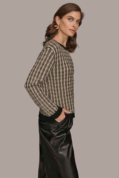 Donna Karan METALLIC TWO-TONE CABLE-KNIT SWEATER