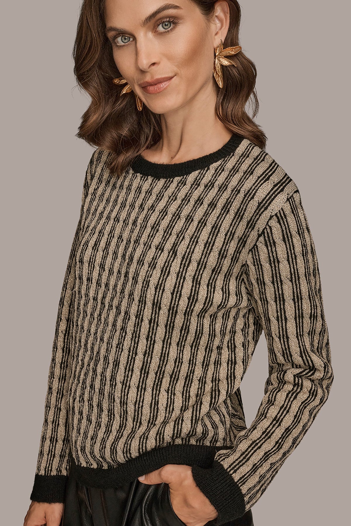 Donna Karan METALLIC TWO-TONE CABLE-KNIT SWEATER