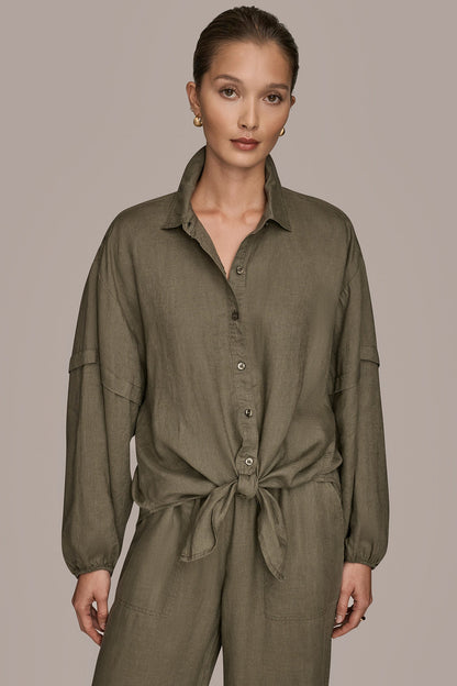 Donna Karan LINEN BLOUSON SLEEVE TIE-FRONT SHIRT