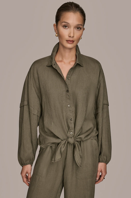 Donna Karan LINEN BLOUSON SLEEVE TIE-FRONT SHIRT