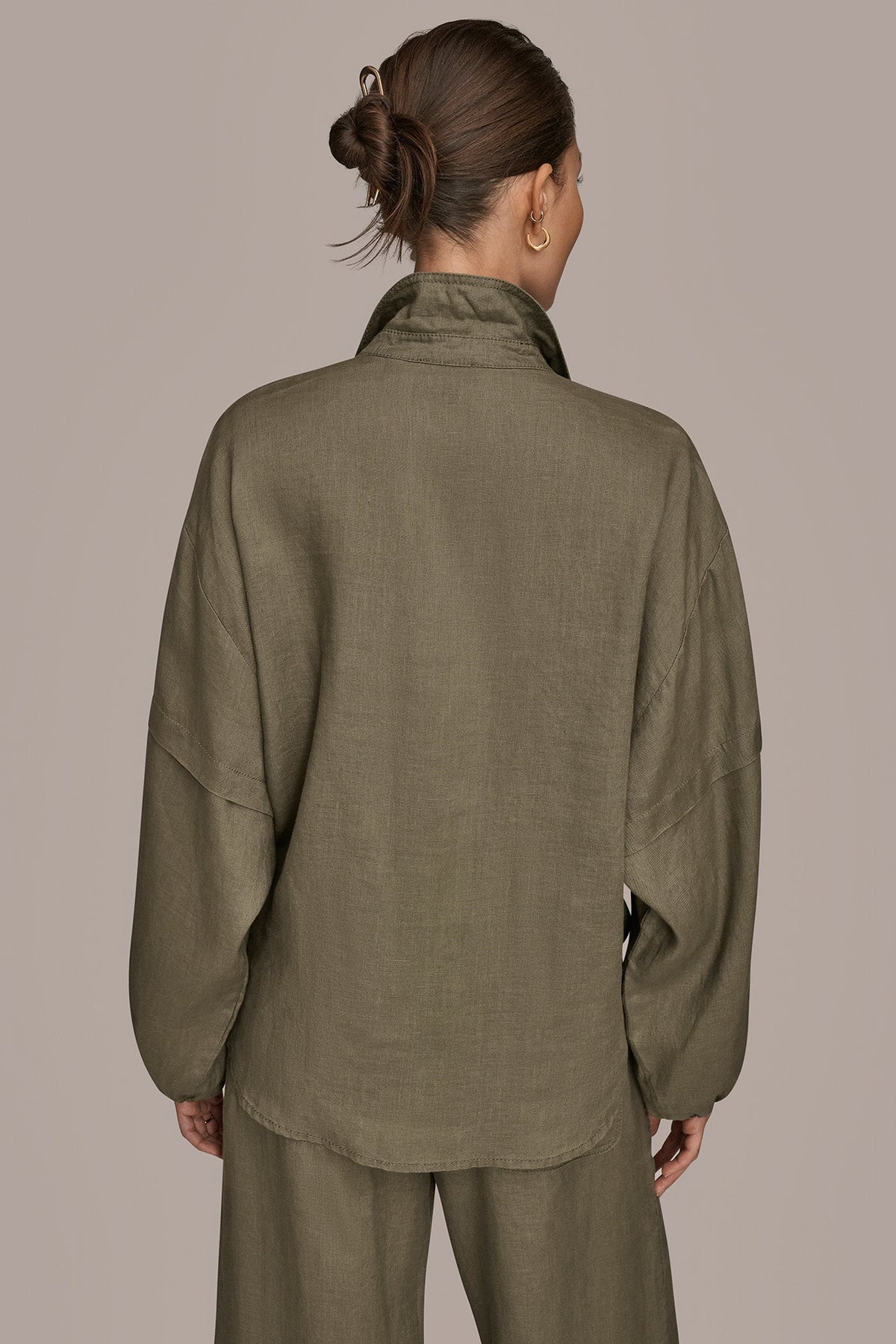 Donna Karan LINEN BLOUSON SLEEVE TIE-FRONT SHIRT