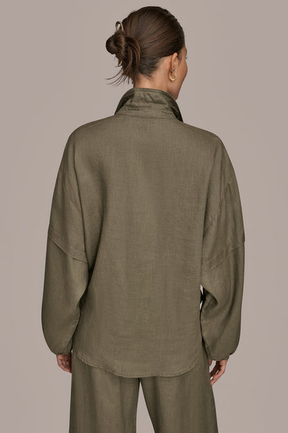 Donna Karan LINEN BLOUSON SLEEVE TIE-FRONT SHIRT