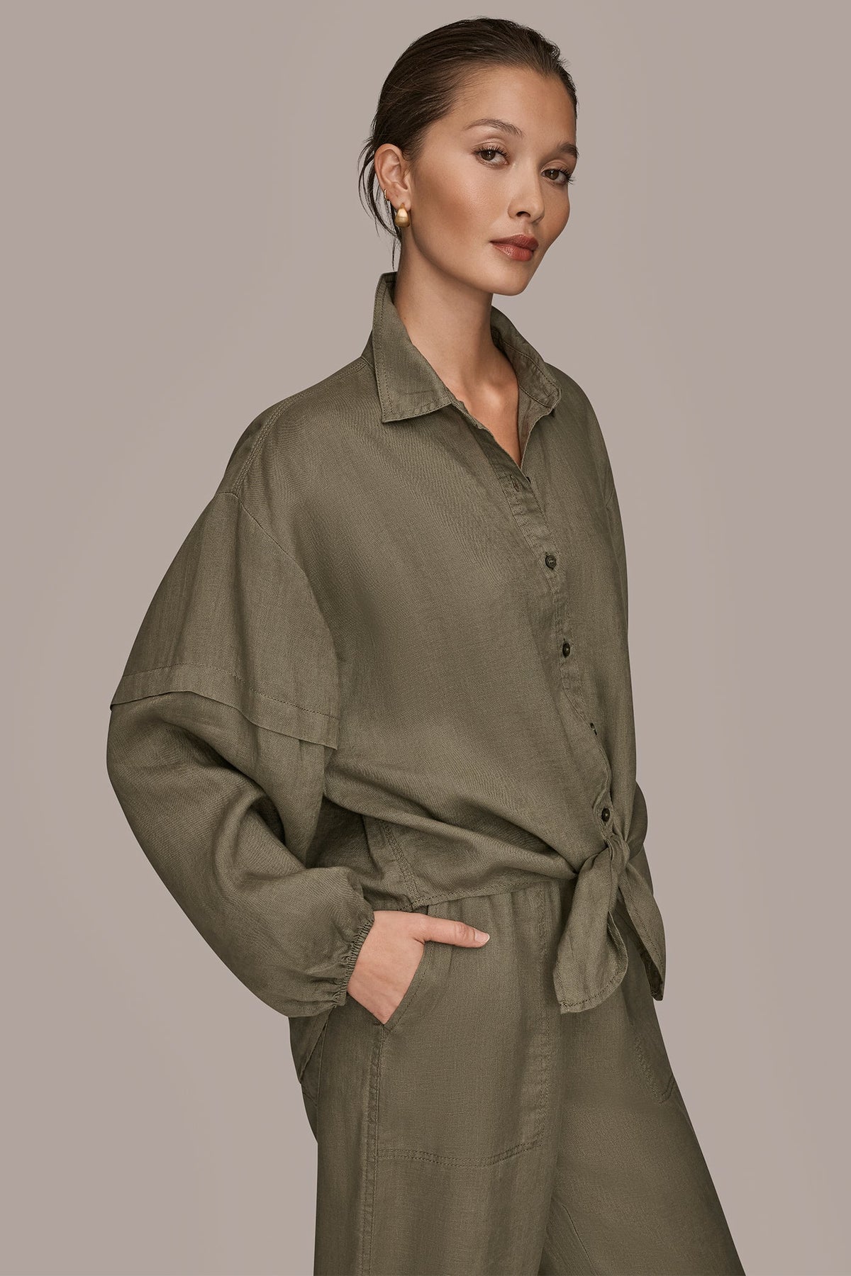 Donna Karan LINEN BLOUSON SLEEVE TIE-FRONT SHIRT