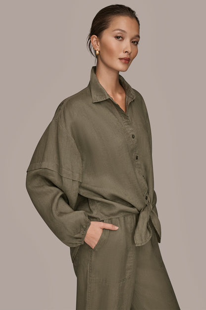 Donna Karan LINEN BLOUSON SLEEVE TIE-FRONT SHIRT