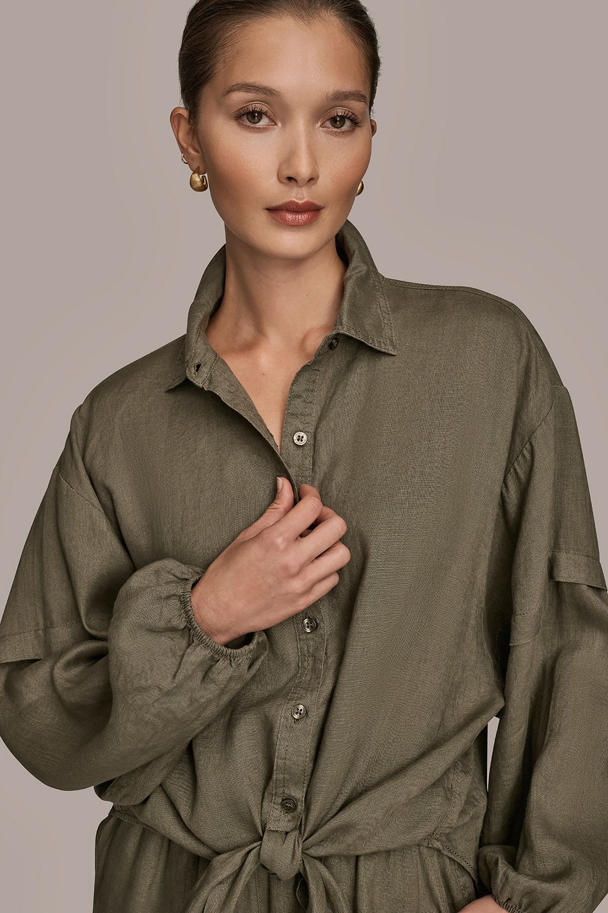 Donna Karan LINEN BLOUSON SLEEVE TIE-FRONT SHIRT
