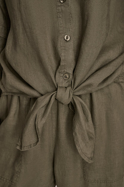Donna Karan LINEN BLOUSON SLEEVE TIE-FRONT SHIRT