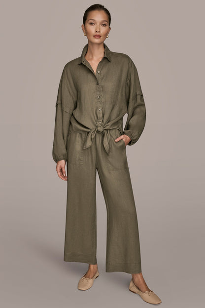 Donna Karan LINEN BLOUSON SLEEVE TIE-FRONT SHIRT